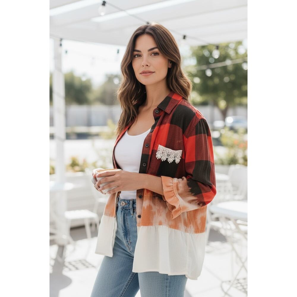 Upcycled Old Navy Flannel/Linen  Ruffled Sleeves Appliquéd Umbre Bleached Size M